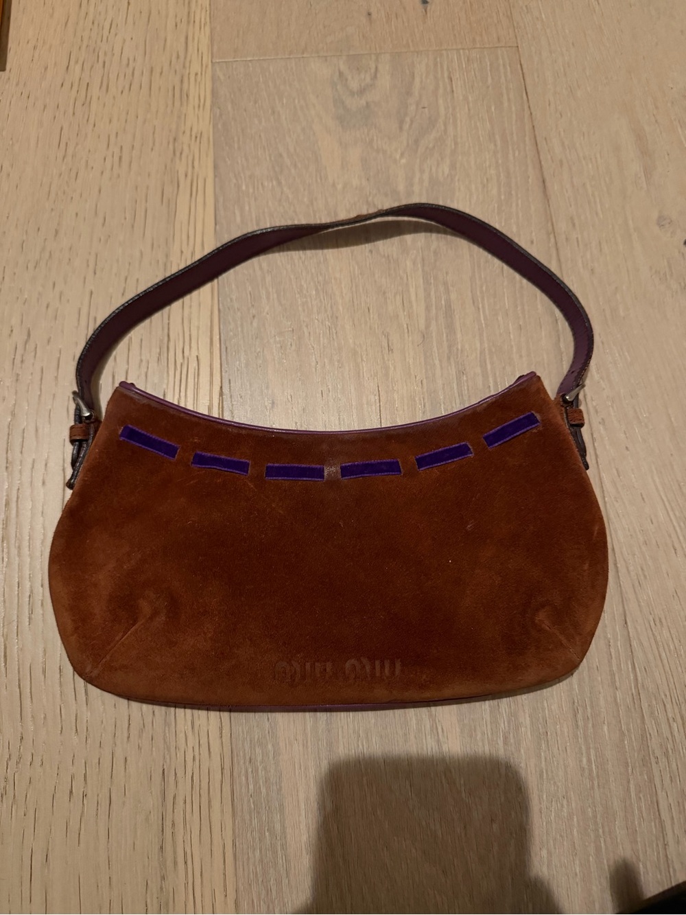 Vintage Brown MIU MIU Suede Shoulder Bag with Purple Accent - Picture 3 of 4